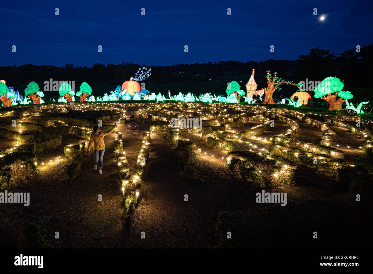 The moon shines over James and the Giant Peach illuminations at Longleat Festival of Light