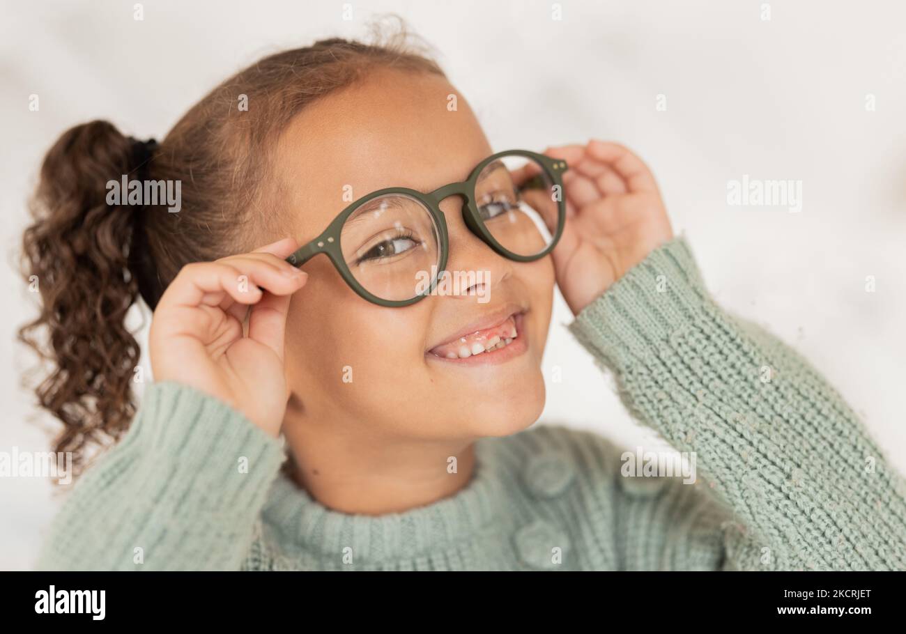 Face portrait, child and girl with glasses for optical health at