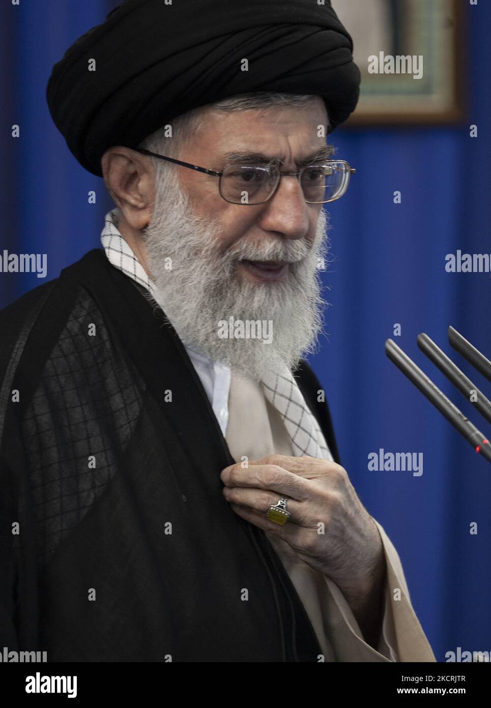 Khamenei Smiling Iran's Supreme Leader Ayatollah Ali Khamenei gestures while speaking ...
