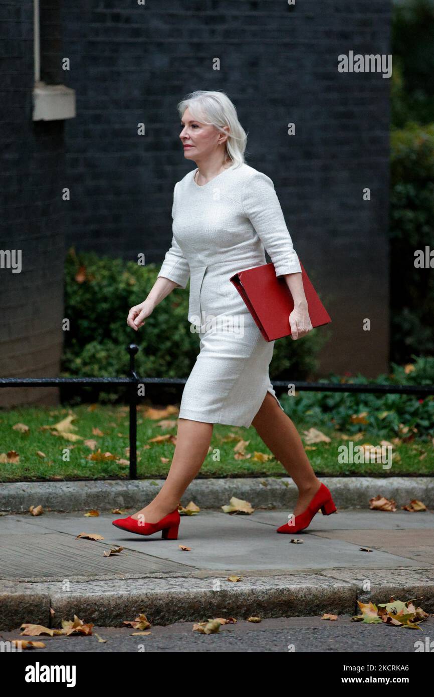 Secretary of State for Digital, Culture, Media and Sport Nadine Dorries, Conservative Party MP for Mid Bedfordshire, arrives for a cabinet meeting at 10 Downing Street in London, England, on October 27, 2021. British Chancellor of the Exchequer Rishi Sunak today presents his Budget for the year ahead to MPs in the House of Commons. (Photo by David Cliff/NurPhoto) Stock Photo