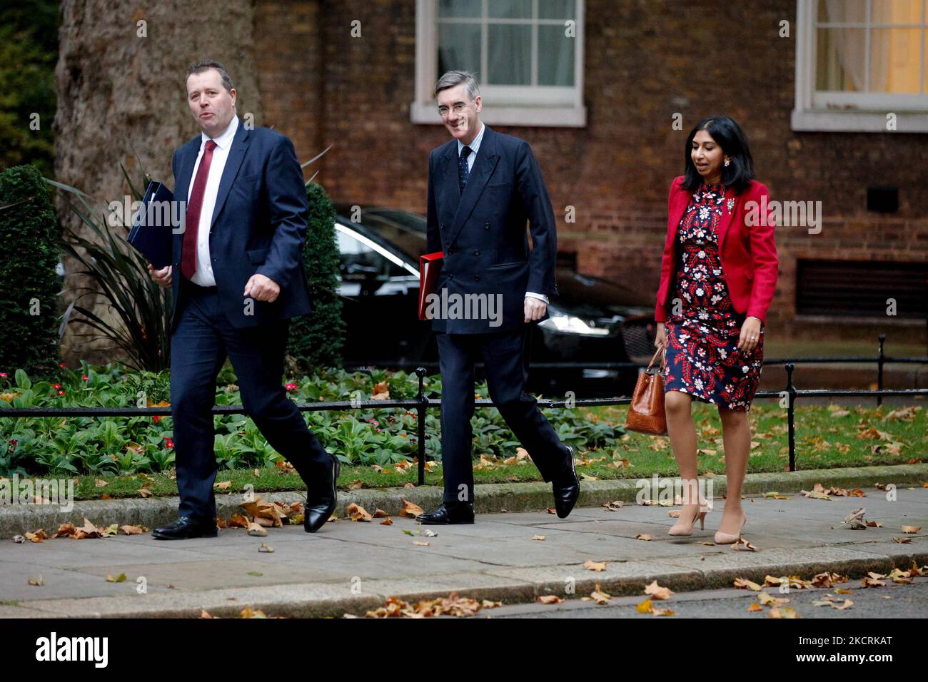 Parliamentary Secretary to the Treasury (Chief Whip) Mark Spencer (L), Conservative Party MP for Sherwood, Lord President of the Council and Leader of the House of Commons Jacob Rees-Mogg (C), Conservative Party MP for North East Somerset, and Attorney General Suella Braverman (R), Conservative Party MP for Fareham, arrive for a cabinet meeting at 10 Downing Street in London, England, on October 27, 2021. British Chancellor of the Exchequer Rishi Sunak today presents his Budget for the year ahead to MPs in the House of Commons. (Photo by David Cliff/NurPhoto) Stock Photo