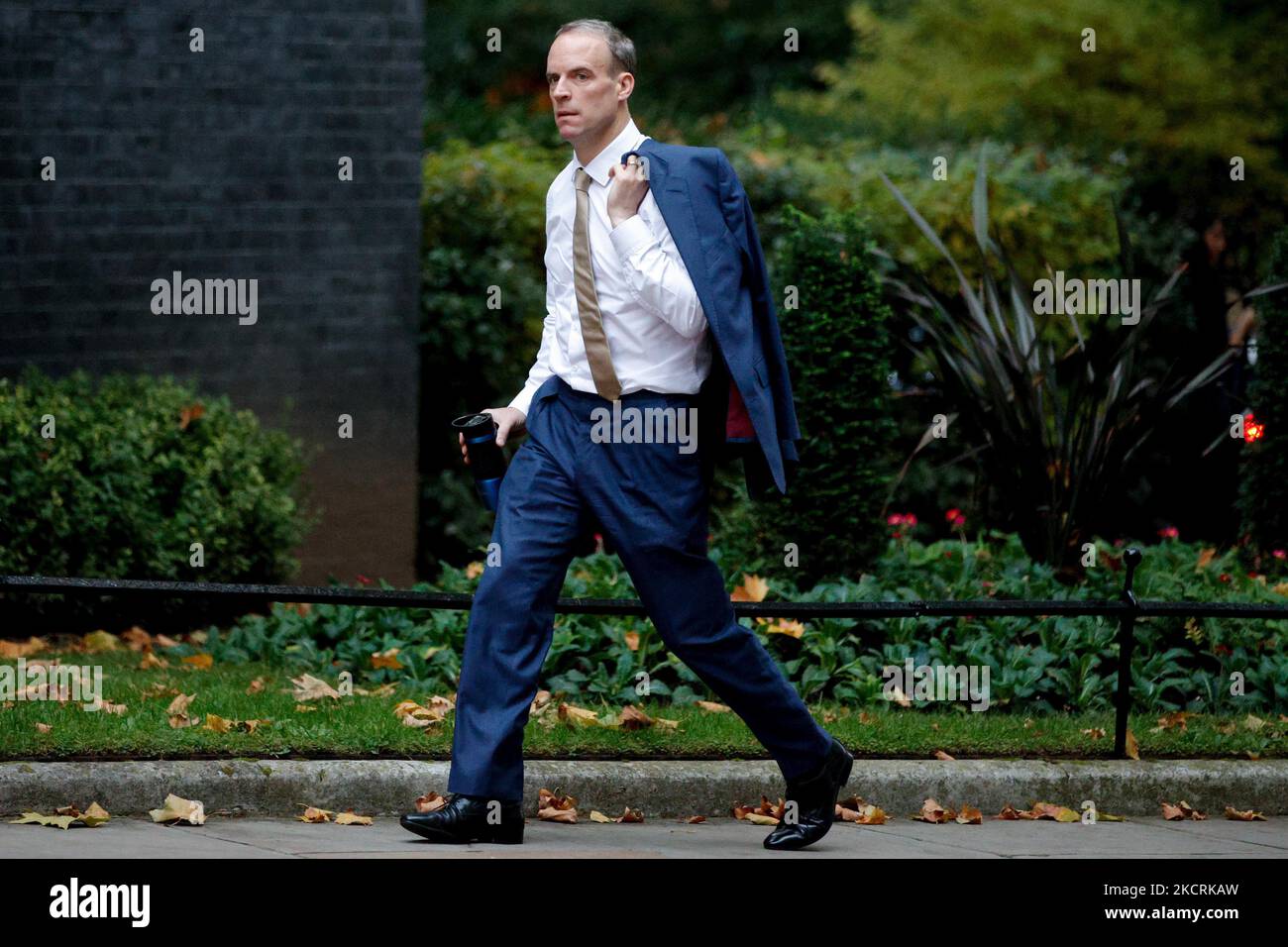 Deputy Prime Minister, Lord Chancellor, and Secretary of State for Justice Dominic Raab, Conservative Party MP for Esher and Walton, arrives for a cabinet meeting at 10 Downing Street in London, England, on October 27, 2021. British Chancellor of the Exchequer Rishi Sunak today presents his Budget for the year ahead to MPs in the House of Commons. (Photo by David Cliff/NurPhoto) Stock Photo