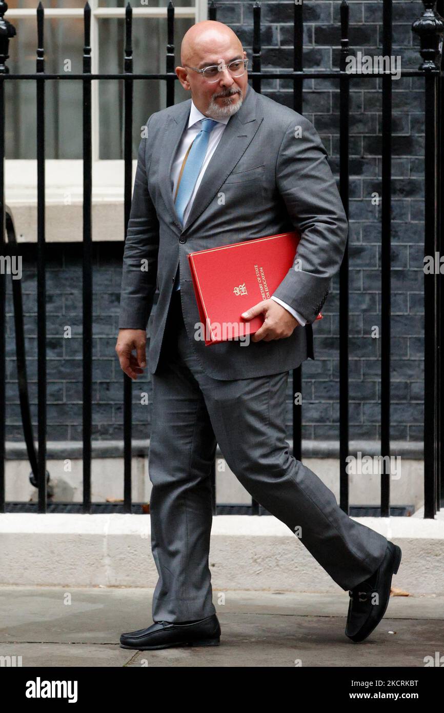 Secretary of State for Education Nadhim Zahawi, Conservative Party MP for Stratford-on-Avon, leaves from a cabinet meeting at 10 Downing Street in London, England, on October 27, 2021. British Chancellor of the Exchequer Rishi Sunak today presents his Budget for the year ahead to MPs in the House of Commons. (Photo by David Cliff/NurPhoto) Stock Photo