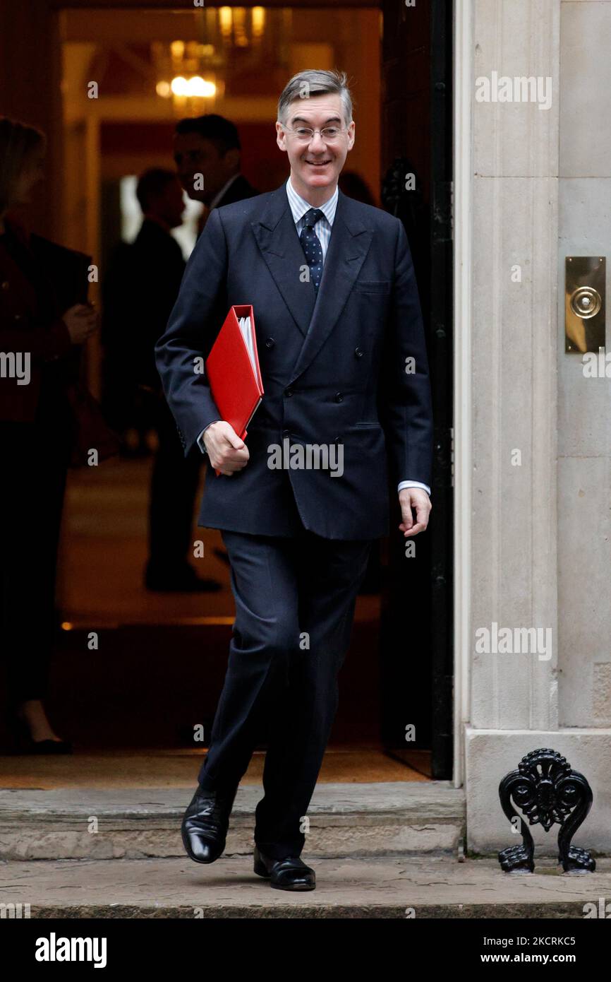 Lord President of the Council and Leader of the House of Commons Jacob Rees-Mogg, Conservative Party MP for North East Somerset, leaves from a cabinet meeting at 10 Downing Street in London, England, on October 27, 2021. British Chancellor of the Exchequer Rishi Sunak today presents his Budget for the year ahead to MPs in the House of Commons. (Photo by David Cliff/NurPhoto) Stock Photo