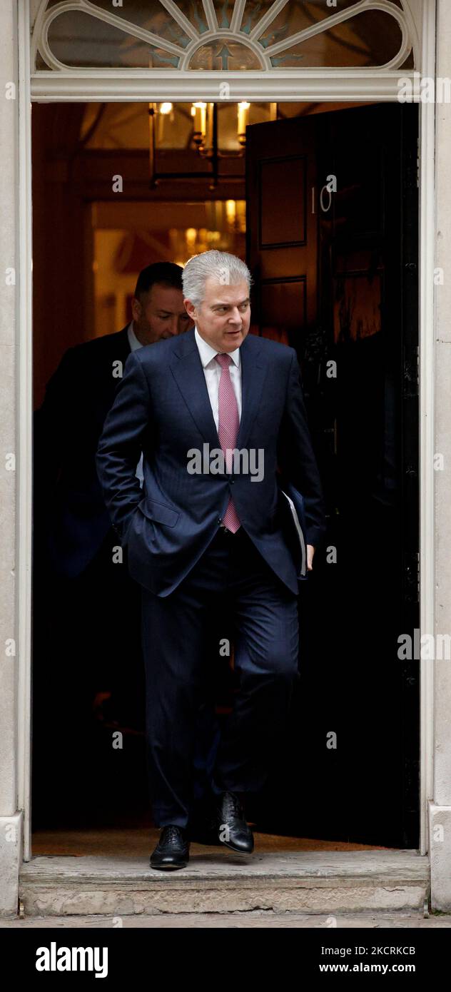Secretary of State for Northern Ireland Brandon Lewis, Conservative Party MP for Great Yarmouth, leaves from a cabinet meeting at 10 Downing Street in London, England, on October 27, 2021. British Chancellor of the Exchequer Rishi Sunak today presents his Budget for the year ahead to MPs in the House of Commons. (Photo by David Cliff/NurPhoto) Stock Photo