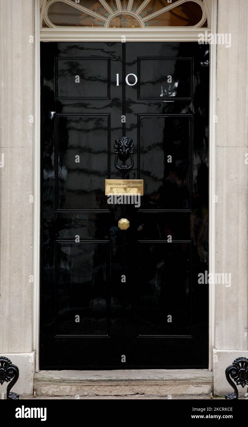 The door of 10 Downing Street is seen in London, England, on October 27, 2021. British Chancellor of the Exchequer Rishi Sunak today presents his Budget for the year ahead to MPs in the House of Commons. (Photo by David Cliff/NurPhoto) Stock Photo