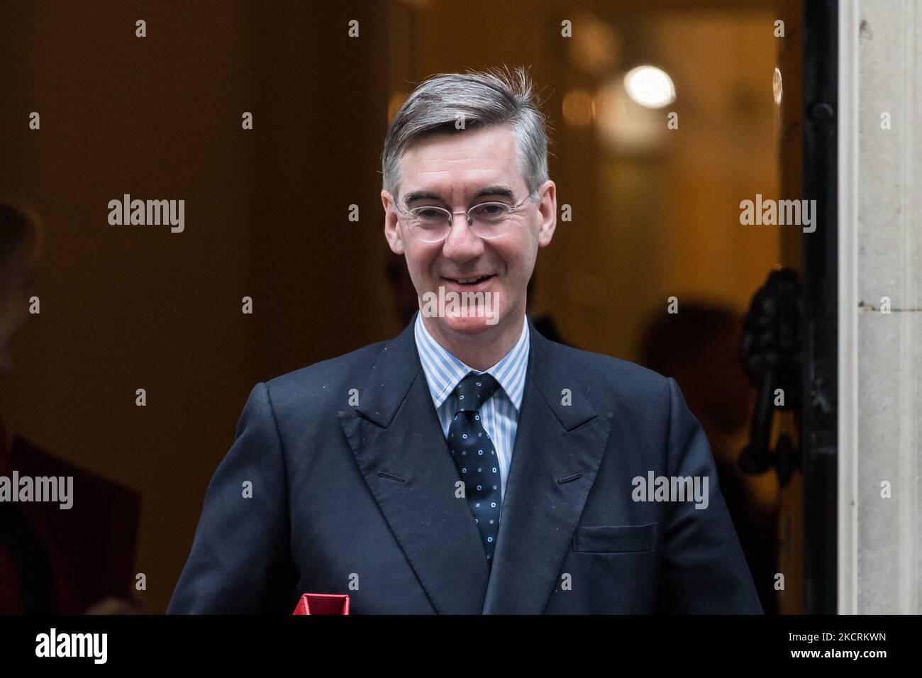 LONDON, UNITED KINGDOM - OCTOBER 27, 2021: Lord President of the Council and Leader of the House of Commons Jacob Rees-Mogg leaves Downing Street in central London after attending the weekly Cabinet meeting on October 27, 2021 in London, England. Today, Chancellor Rishi Sunak is due to announce his Autumn budget and spending review in the House of Commons. (Photo by WIktor Szymanowicz/NurPhoto) Stock Photo