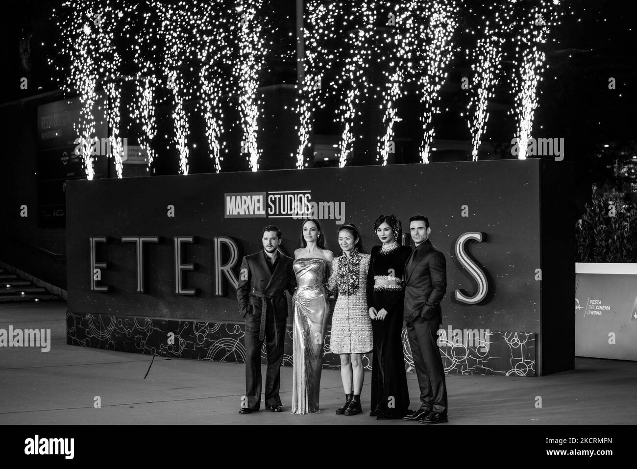 (L-R) Nate Moore, Kit Harington, Angelina Jolie, Chloe Zhao, Gemma Chan, Richard Madden and Victoria Alonso attend the red carpet of the movie 'Eternals' during the 16th Rome Film Fest 2021 on October 24, 2021 in Rome, Italy. (Photo by Luca Carlino/NurPhoto) Stock Photo