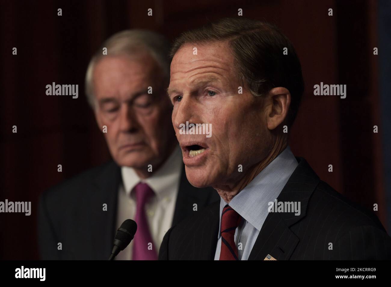 US Senator Richard Blumenthal(D-CT) speaks during a press conference about Online Privacy Protection Act, today on October 27, 2021 at SVC/Capitol Hill in Washington DC, USA. (Photo by Lenin Nolly/NurPhoto) Stock Photo