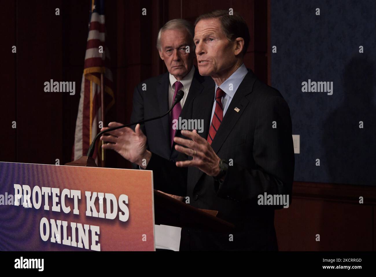 US Senator Richard Blumenthal(D-CT) speaks during a press conference about Online Privacy Protection Act, today on October 27, 2021 at SVC/Capitol Hill in Washington DC, USA. (Photo by Lenin Nolly/NurPhoto) Stock Photo