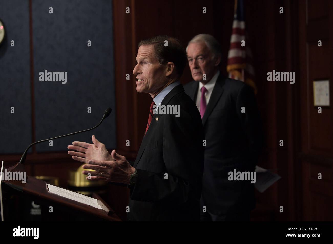 US Senator Richard Blumenthal(D-CT) speaks during a press conference about Online Privacy Protection Act, today on October 27, 2021 at SVC/Capitol Hill in Washington DC, USA. (Photo by Lenin Nolly/NurPhoto) Stock Photo