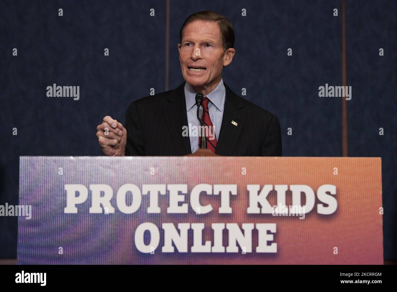 US Senator Richard Blumenthal(D-CT) speaks during a press conference about Online Privacy Protection Act, today on October 27, 2021 at SVC/Capitol Hill in Washington DC, USA. (Photo by Lenin Nolly/NurPhoto) Stock Photo