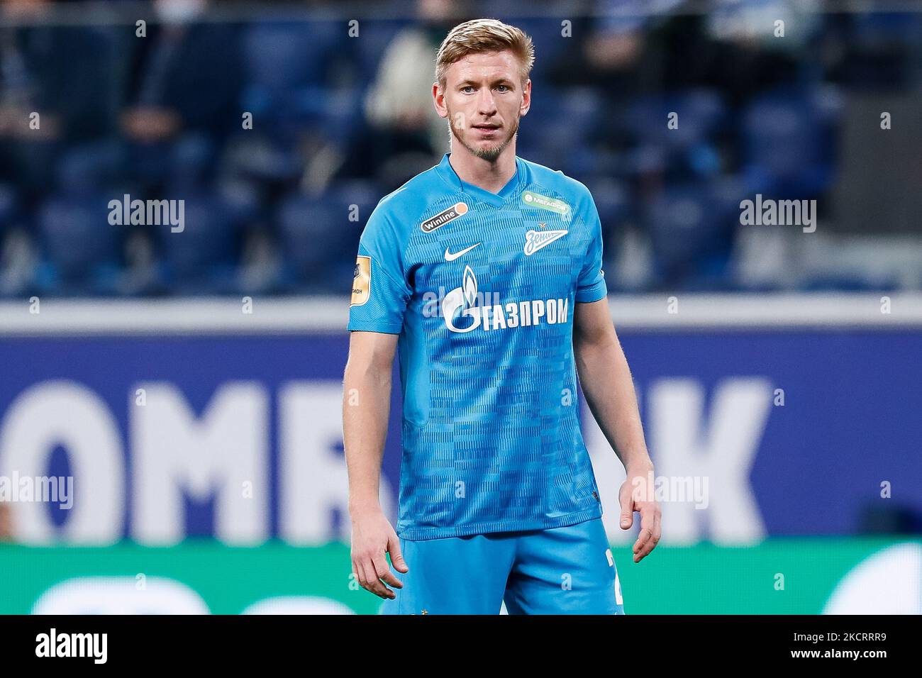 Dmitri Chistyakov of Zenit St. Petersburg looks on during the Russian Premier League match between FC Zenit Saint Petersburg and FC Dynamo Moscow on October 29, 2021 at Gazprom Arena in Saint Petersburg, Russia. (Photo by Mike Kireev/NurPhoto) Stock Photo