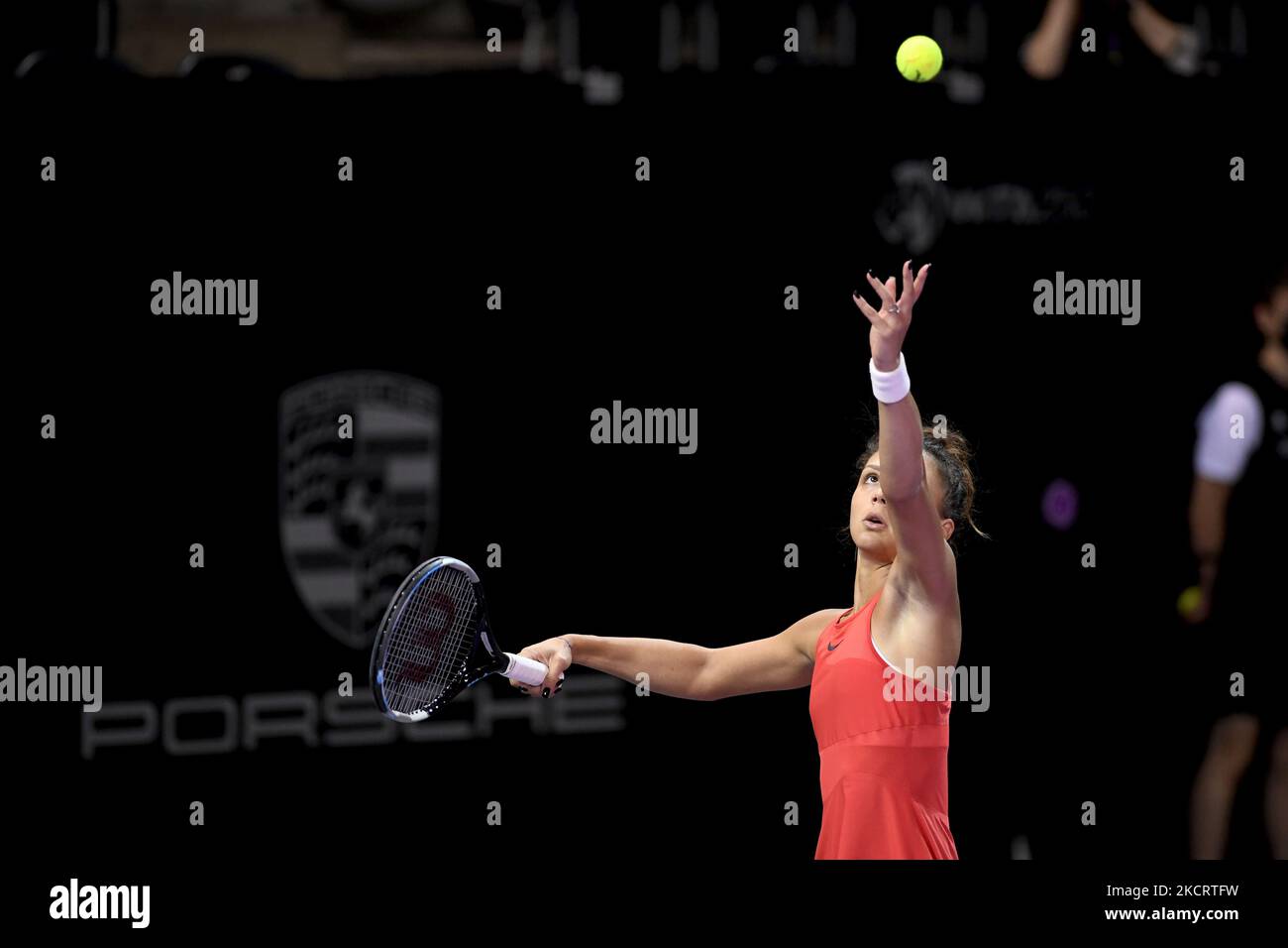 Jaqueline Cristian in action - serving the ball during her match against Simona Halep in quarterfinals of Transylvania Open: WTA 250 Tour held in BT Arena Cluj-Napoca, 29 October 2021 (Photo by Flaviu Buboi/NurPhoto) Stock Photo