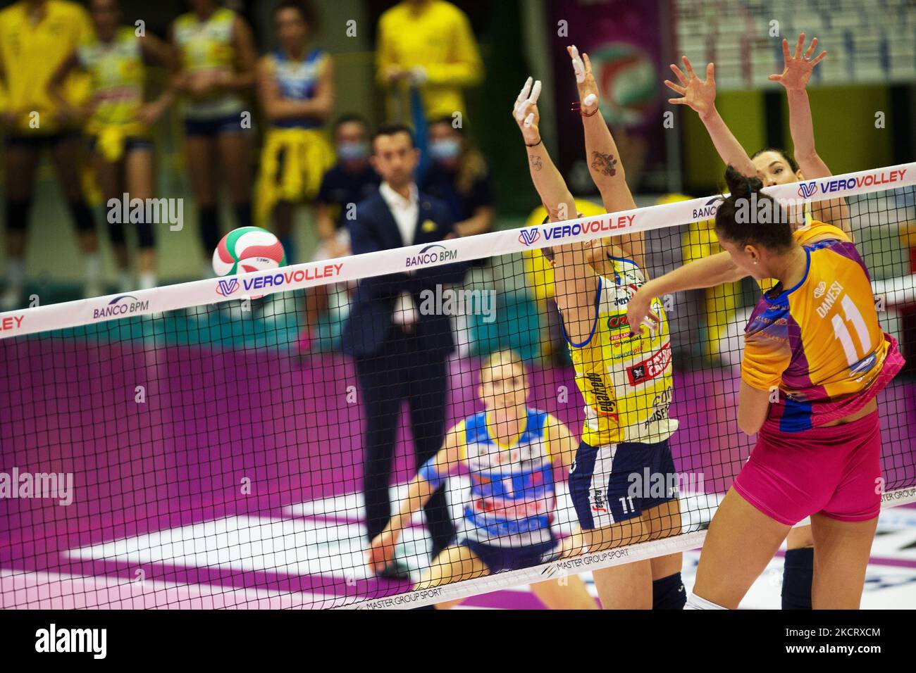 Spike of ANNA DANESI (Vero Volley Monza) during the Volleyball Italian Serie A1 Women match Vero Volley Monza vs Imoco Volley Conegliano on October 30, 2021 at the Arena di Monza in Monza (MB), Italy (Photo by Valerio Origo/LiveMedia/NurPhoto) Stock Photo