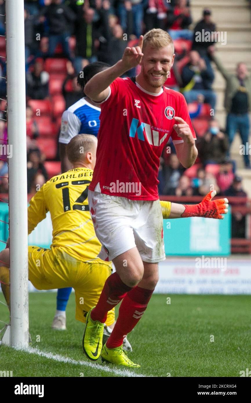 Jayden Stockley of Charlton celebrates after scoring during the Sky Bet League 1 match between Charlton Athletic and Doncaster Rovers at The Valley, London on Saturday 30th October 2021. (Photo by Federico Maranesi/MI News/NurPhoto) Stock Photo