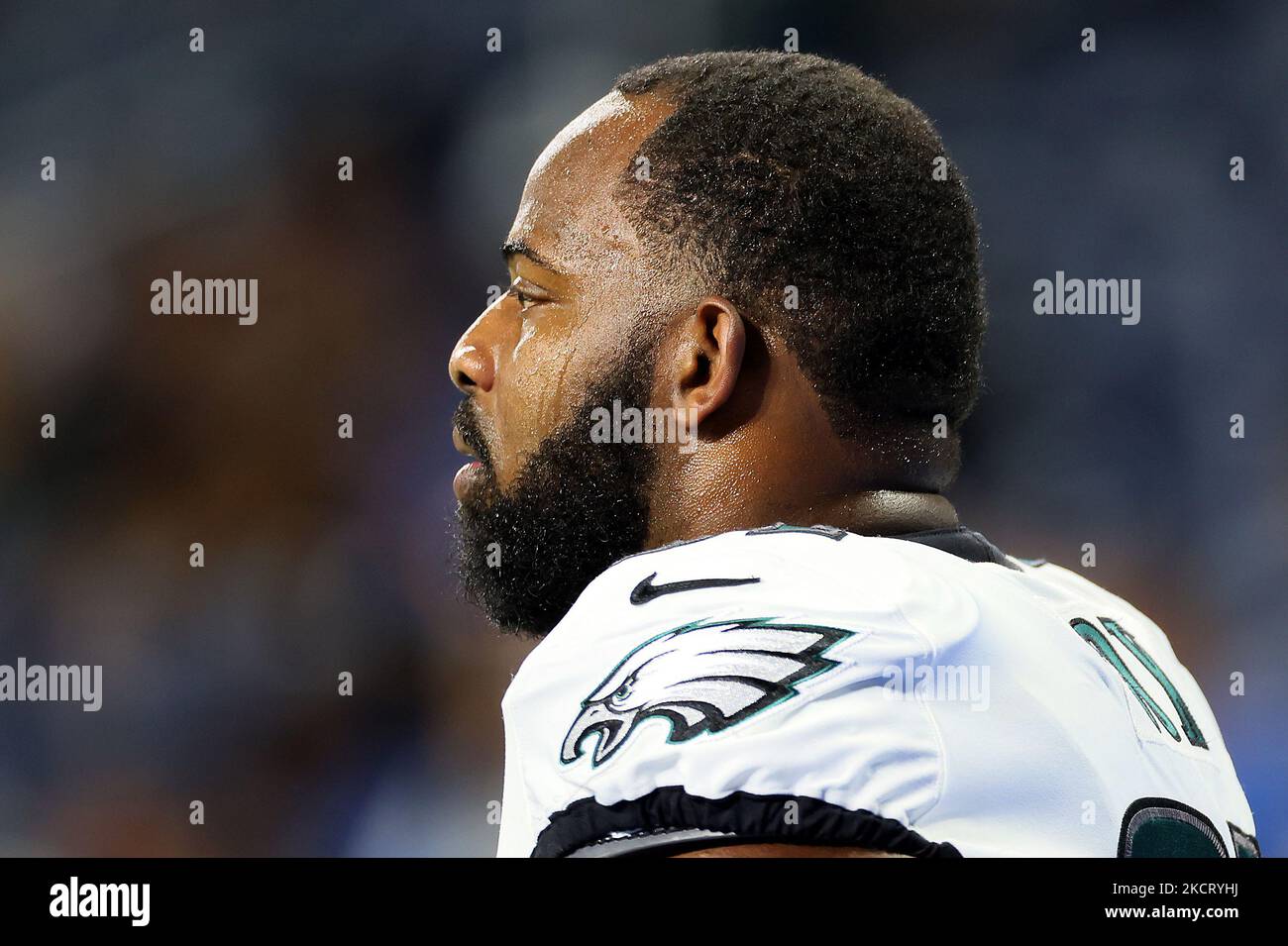 Philadelphia Eagles defensive tackle Fletcher Cox (91) stands on the field during warmups before an NFL football game between the Detroit Lions and the Philadelphia Eagles in Detroit, Michigan USA, on Sunday, October 31, 2021. (Photo by Amy Lemus/NurPhoto) Stock Photo