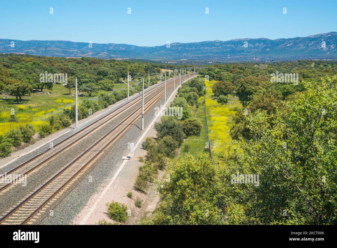 AVE tracks. Los Pedroches valley, Cordoba province, Andalucia, Spain. Stock Photo