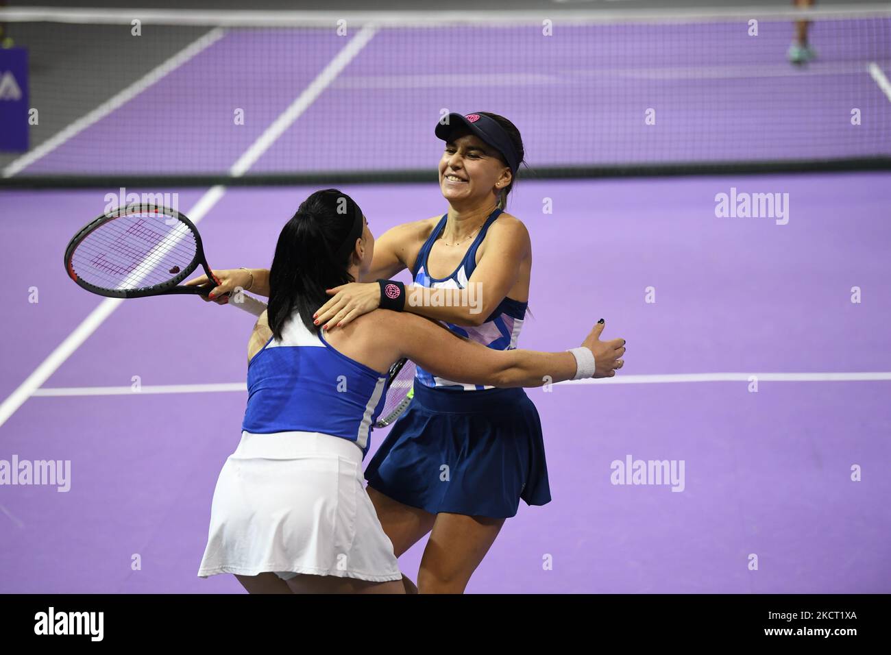 Portraits of Ekaterine Gorgodze and Irina Bara celebrating after winning the final match against Lesley Pattinama Kerkhove, Aleksandra Krunic in the Transylvania Open WTA 250 Tournament, Cluj-Napoca, 31 October 2021 (Photo by Flaviu Buboi/NurPhoto) Stock Photo