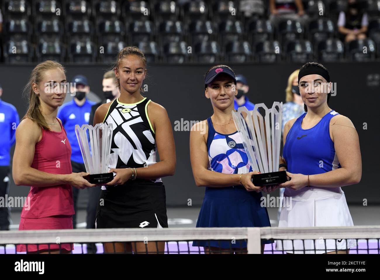 Ekaterine Gorgodze, Irina Bara, Lesley Pattinama Kerkhove, Aleksandra Krunic holding their trophies at the end of Transylvania Open: WTA 250 Tour held in Cluj - Napoca 31 October 2021 (Photo by Flaviu Buboi/NurPhoto) Stock Photo