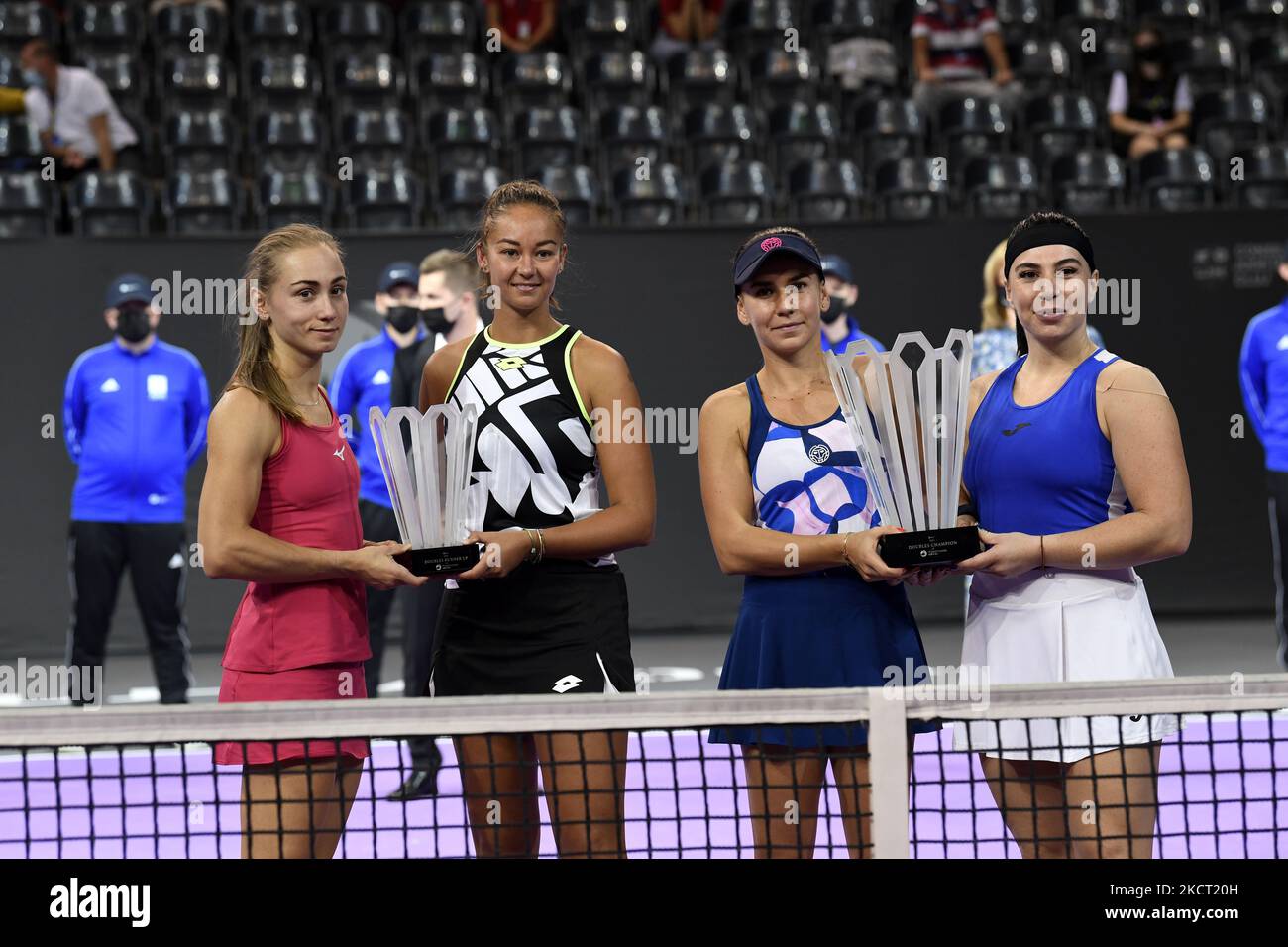Ekaterine Gorgodze, Irina Bara, Lesley Pattinama Kerkhove, Aleksandra Krunic holding their trophies at the end of Transylvania Open: WTA 250 Tour held in Cluj - Napoca 31 October 2021 (Photo by Flaviu Buboi/NurPhoto) Stock Photo