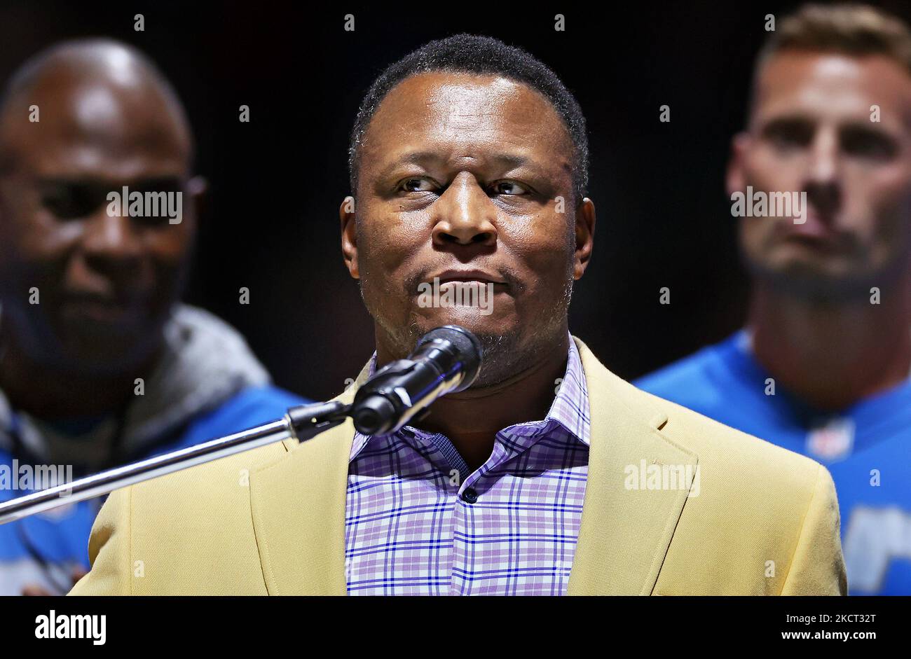 Former Detroit Lions player Barry Sanders speaks during the Pride of the Lions ceremony honoring