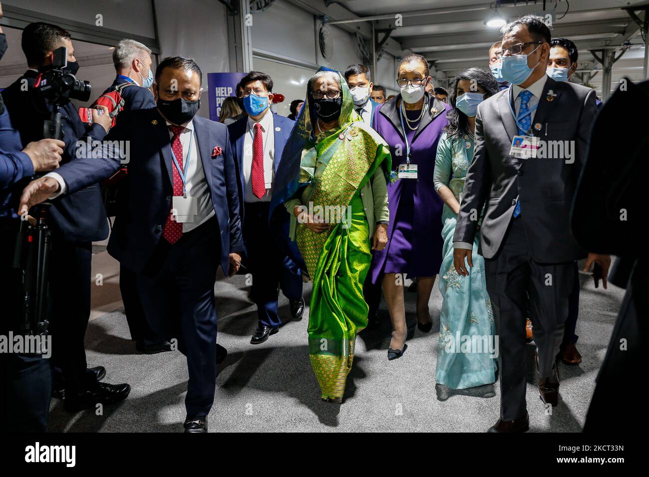 Prime Miniter of Bangladesh Sheikh Hasina and Secretary General of Commonwealth Patricia Scotland arrive to the high level summit at the COP26 UN Climate Change Conference, held by UNFCCC inside the COP26 venue - Scottish Event Campus in Glasgow, Scotland on November 1, 2021. Heads of states arrived for two day summit in Glasgow. COP26, running from October 31 to November 12 in Glasgow will be the most significant climate conference since the 2015 Paris summit as the nations are expected to set new greenhouse gas emission targets in order to slow the global warming, as well as firming up other Stock Photo