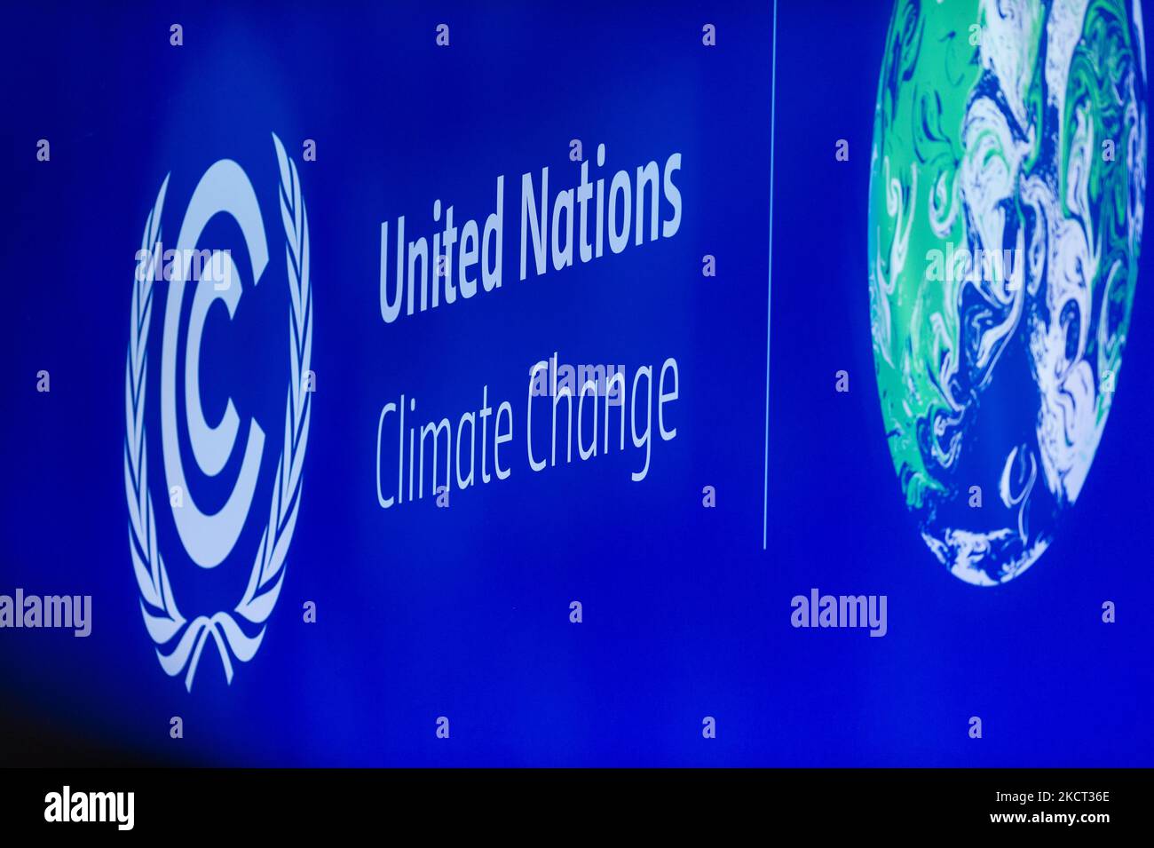 Logo of United Nations Climate Change in Glasgow, United Kingdom, 1 November 2021. COP26, running from October 31 to November 12 in Glasgow will be the biggest climate conference since the 2015 Paris summit and is seen as crucial in setting worldwide emission targets to slow global warming, as well as firming up other key commitments. (Photo by Maciek Musialek/NurPhoto) Stock Photo