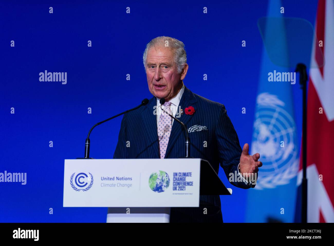 Prince Charles, Prince of Wales, delivers a speech during the opening ceremony of the COP26 UN Climate Change Conference in Glasgow, United Kingdom, 1 November 2021. COP26, running from October 31 to November 12 in Glasgow will be the biggest climate conference since the 2015 Paris summit and is seen as crucial in setting worldwide emission targets to slow global warming, as well as firming up other key commitments. (Photo by Maciek Musialek/NurPhoto) Stock Photo