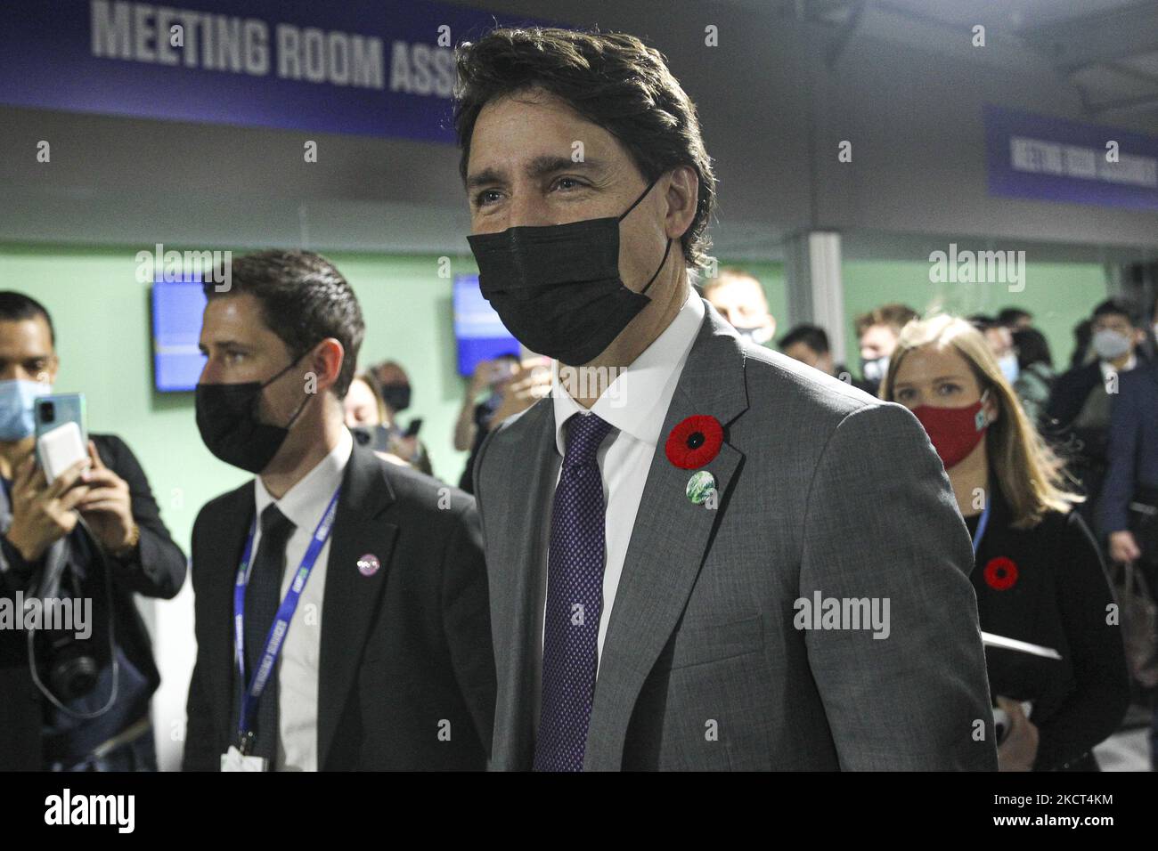 Canada's Prime Minister Justin Trudeau walks though the main COP building on day three of the COP 26 United Nations Climate Change Conference on November 02, 2021 in Glasgow, Scotland. (Photo by Ewan Bootman/NurPhoto) Stock Photo