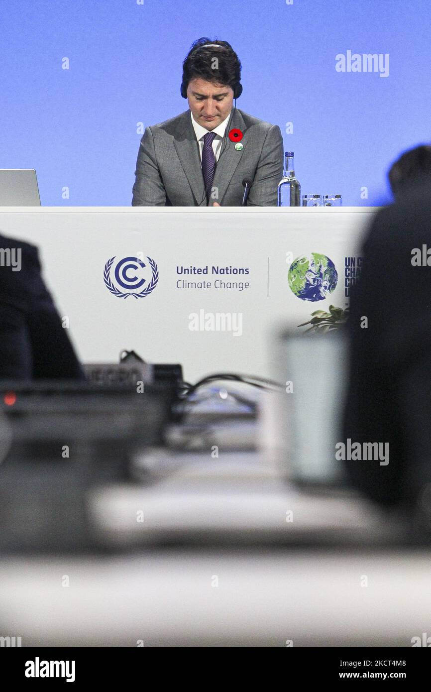 Canada's Prime Minister Justin Trudeau attends a meeting on day three of the COP 26 United Nations Climate Change Conference on November 02, 2021 in Glasgow, Scotland. (Photo by Ewan Bootman/NurPhoto) Stock Photo