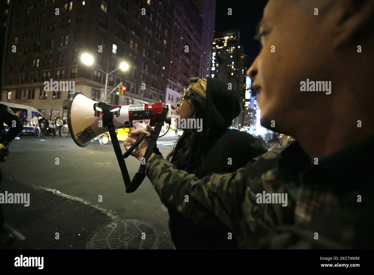 Demonstrators gather near Carnegie Hall with placards and flags to protest the US administrations current policies and NY Mayor De Blasio’s vaccine mandate on November 1 2021 in New York City, USA.. Demonstrators jeered Vice President Kamala Harris outside Carnegie Hall as she arrived to celebrate the thirtieth year anniversary of the National Action Network (Photo by John Lamparski/NurPhoto) Stock Photo