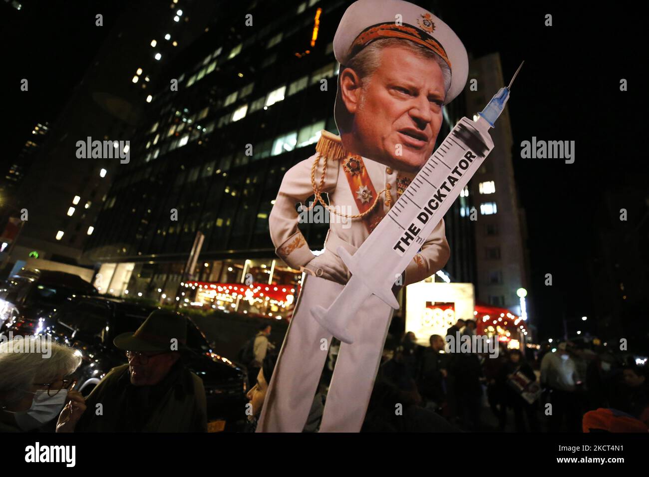 Demonstrators gather near Carnegie Hall with placards and flags to protest the US administrations current policies and NY Mayor De Blasio’s vaccine mandate on November 1 2021 in New York City, USA.. Demonstrators jeered Vice President Kamala Harris outside Carnegie Hall as she arrived to celebrate the thirtieth year anniversary of the National Action Network (Photo by John Lamparski/NurPhoto) Stock Photo