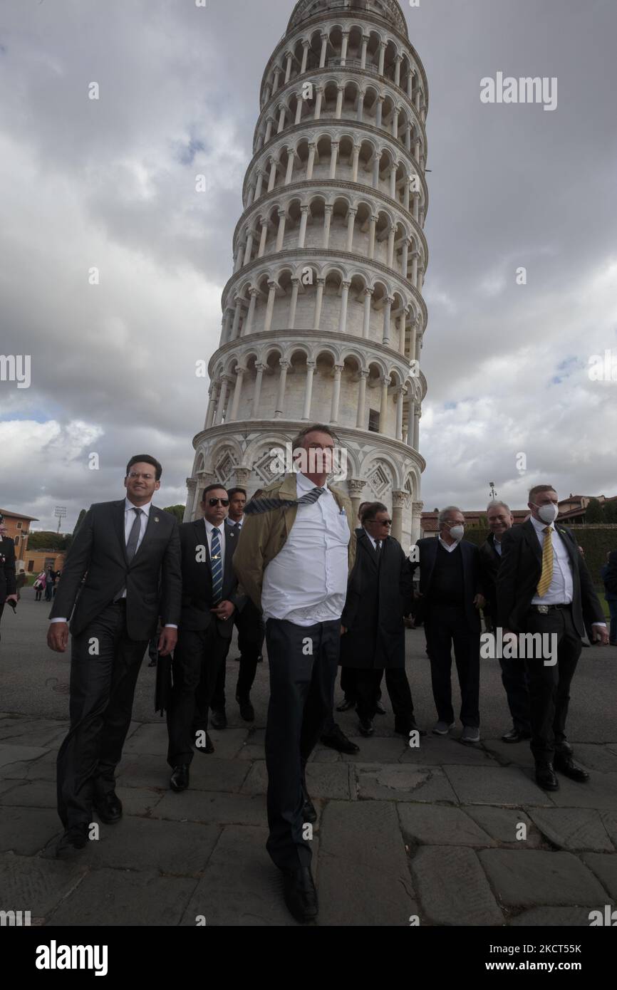 Jair Bolsonaro visiting the leaning tower on the marvellous miracle square in Pisa, Italy, on November 2, 2021. The president of Brazil Jair Bolsonaro after being in Pistoia to visit the monument commemorating the Brazilian soldiers who fell for the Liberation of Italy in the Second World War decided to have a quick tour of the miracle square in Pisa, where his presidential aeroplane landed. (Photo by Enrico Mattia Del Punta/NurPhoto) Stock Photo
