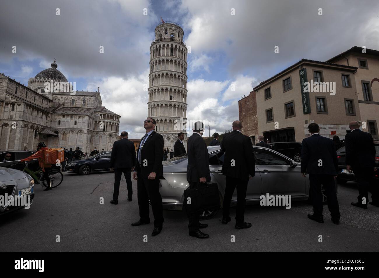 Jair Bolsonaro visiting the leaning tower on the marvellous miracle square in Pisa, Italy, on November 2, 2021. The president of Brazil Jair Bolsonaro after being in Pistoia to visit the monument commemorating the Brazilian soldiers who fell for the Liberation of Italy in the Second World War decided to have a quick tour of the miracle square in Pisa, where his presidential aeroplane landed. (Photo by Enrico Mattia Del Punta/NurPhoto) Stock Photo