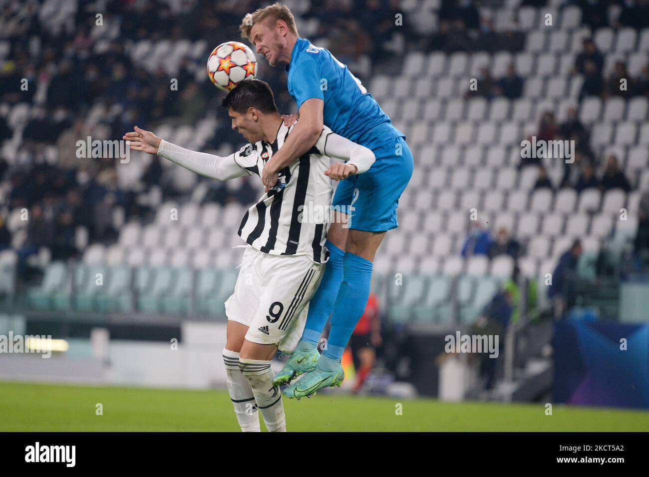 Alvaro Morata of Juventus FC and Dmitri Chistyakov of Zenit during the UEFA Champions League group H match between Juventus and Zenit St. Petersburg at on November 2, 2021 in Turin, Italy (Photo by Alberto Gandolfo/NurPhoto) Stock Photo