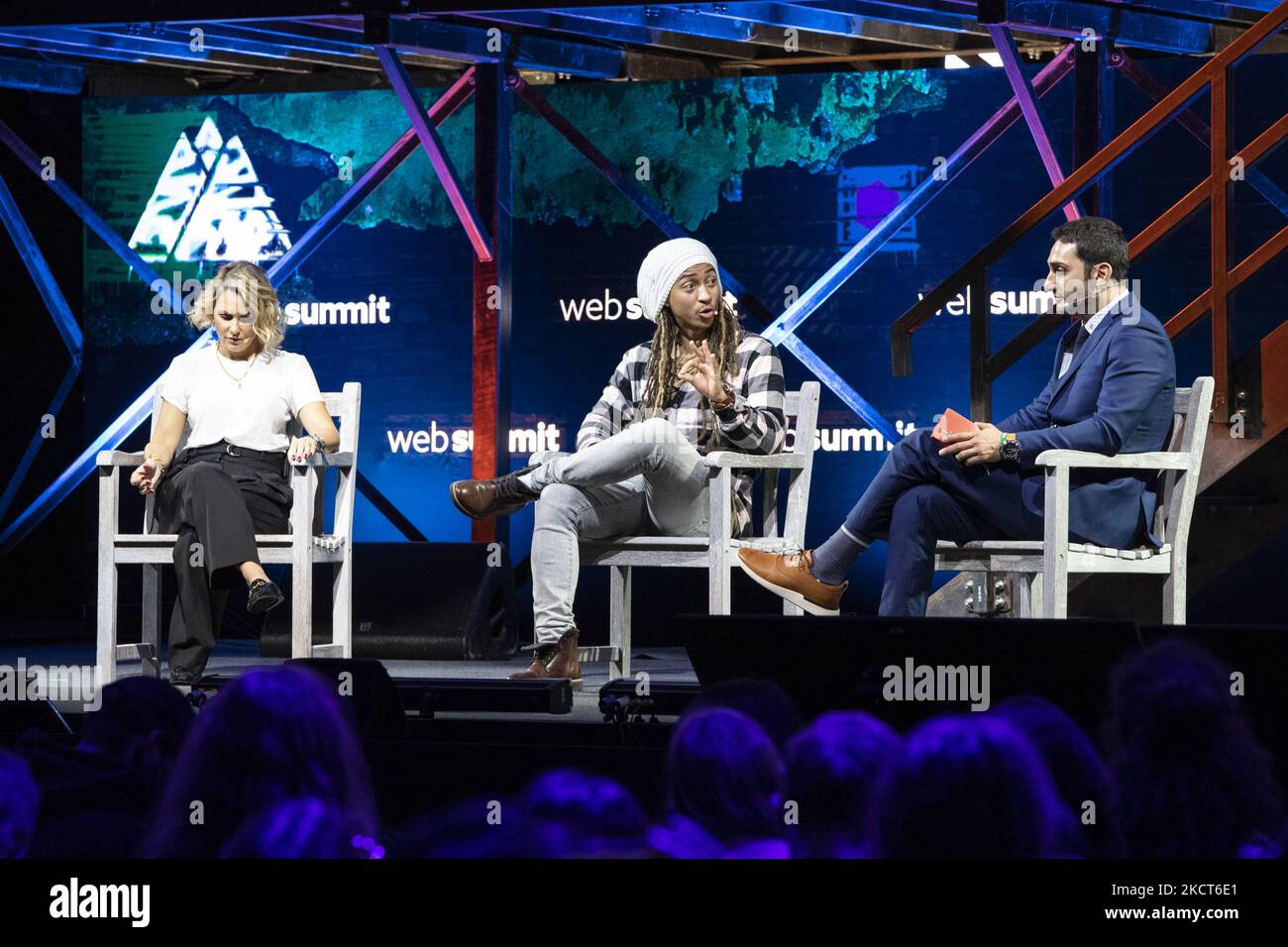 Director of influencer at Condé Nast Anna Anderson, CEO of NYCE Philip Michael, George Slefo speaks during third day of Web Summit 2021 in Lisbon, Portugal on November 3, 2021. (Photo by Rita Franca/NurPhoto) Stock Photo