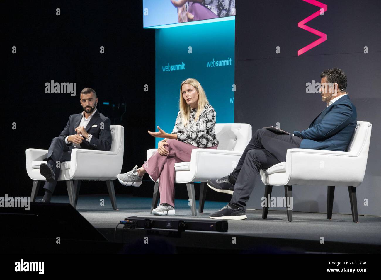 Simão Sabrosa(SL Benfica), Cloé Lacasse(Benfica Womens Team) tradesport stage during second day of Web Summit 2021 in Lisbon, Portugal on November 2, 2021. (Photo by Rita Franca/NurPhoto) Stock Photo
