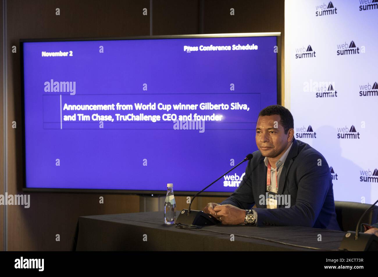 World Cup winner Gilberto Silva,Founder and CEO Truchallenge Tim Chase in a press conference during second day of Web Summit 2021 in Lisbon, Portugal on November 2, 2021. (Photo by Rita Franca/NurPhoto) Stock Photo