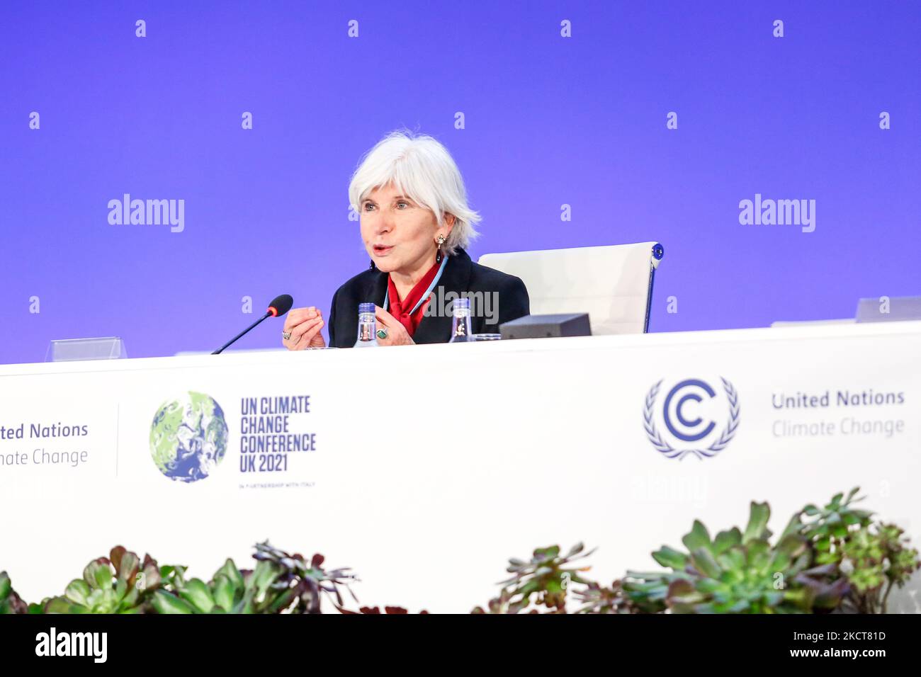 Laurence Tubiana, CEO of the European Climate Foundation speaks during Energy Transition Council session during the during the fifth day of the COP26 UN Climate Change Conference, held by UNFCCC inside the COP26 venue - Scottish Event Campus in Glasgow, Scotland on November 4, 2021. COP26, running from October 31 to November 12 in Glasgow, will be the most significant climate conference since the 2015 Paris summit as the nations are expected to set new greenhouse gas emission targets in order to slow the global warming, as well as firming up other key commitments. (Photo by Dominika Zarzycka/N Stock Photo