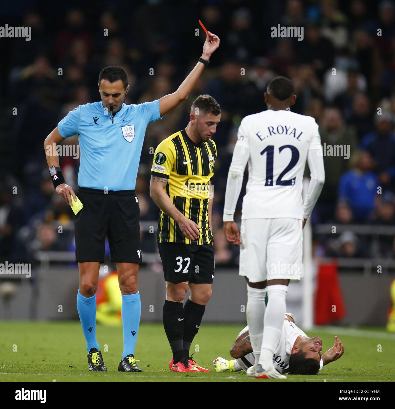 Tottenham Hotspur's Cristian Romero gets red card during Europa Conference League Group G between Tottenham Hotspur and Vitesse at Tottenham Hotspur stadium , London, England on 04th November 2021 (Photo by Action Foto Sport/NurPhoto) Stock Photo