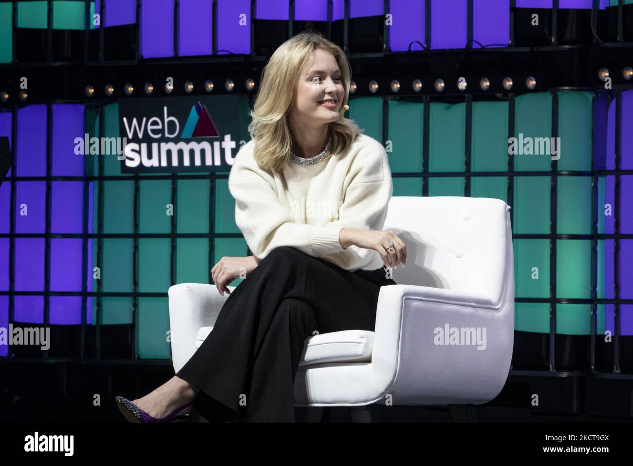 Musician Zara Larsson and Jon Vlassopulos speaks at last day in the Web Summit 2021 in Lisbon, Portuga, on November 4,2021 (Photo by Rita Franca/NurPhoto) Stock Photo