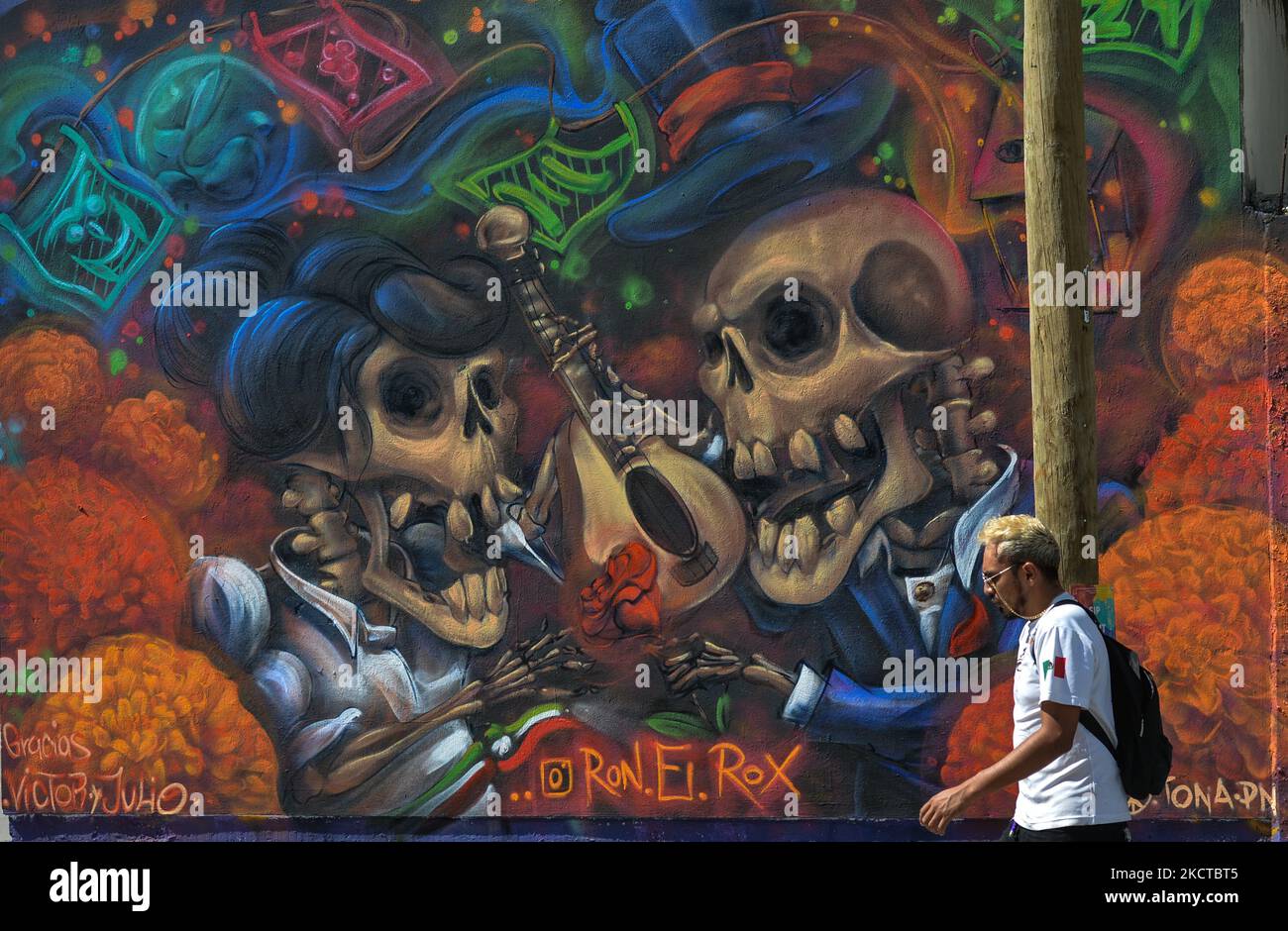 A man walks past a mural by Ron.El.Rox. related to the Day of the Dead ...