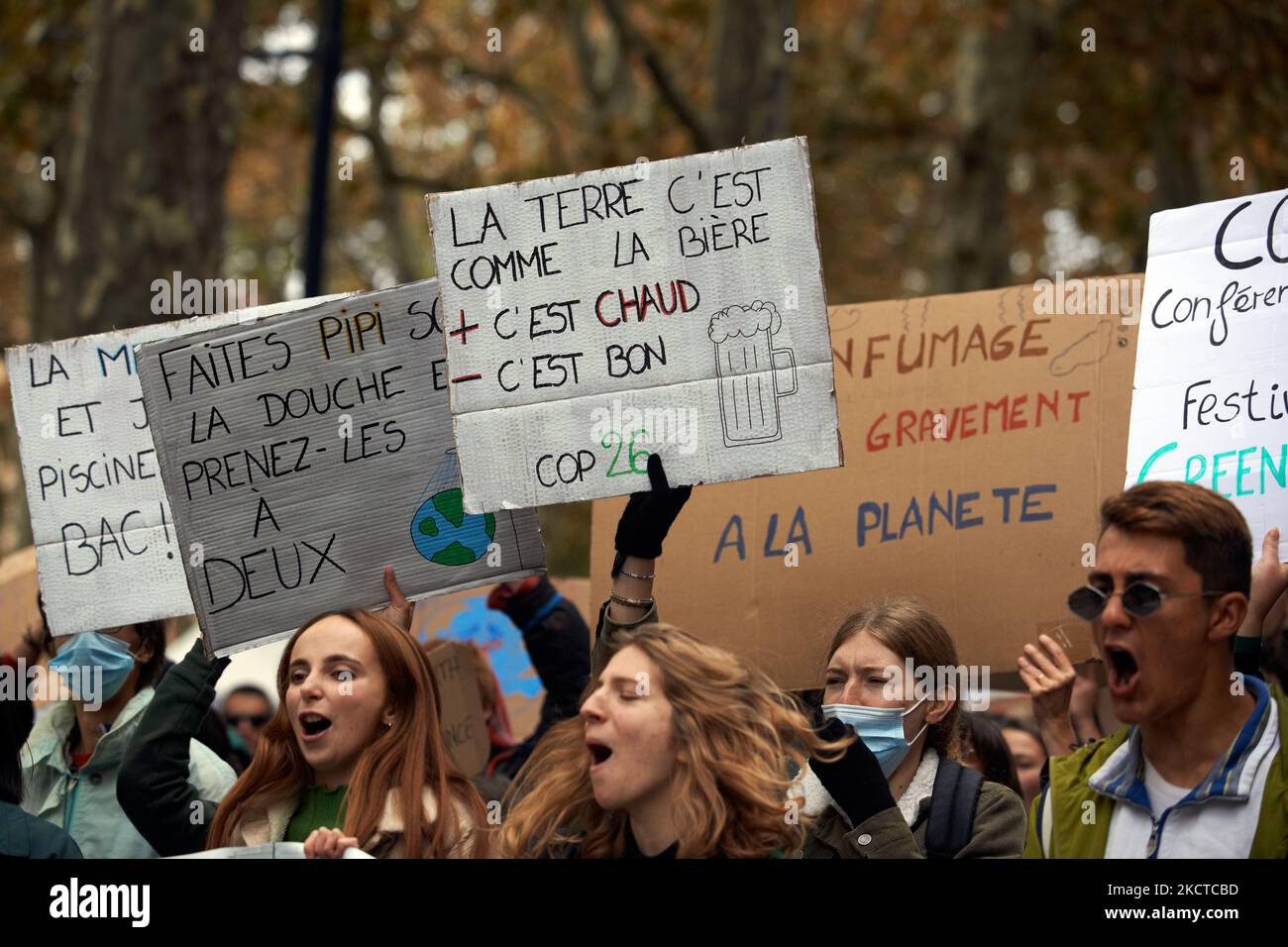 People react. More than 3500 people demonstrated in Toulouse for the climate as in many cities across France and across the world. Theses demonstrations were organized as the COP26 has begun in Glasgow (Scotland) to put a maximun pressure on politicians, industries and compagnies. The IPCC paints an unlivable planet if greenhouse emissions continue unabated. The IEA says that fossil fuels must stay in the ground from now (no new mining and drilling). The G20 said in a communique that ''We commit to tackle the existential challenge of climate change' but stayed short of mandatory actions to tac Stock Photo