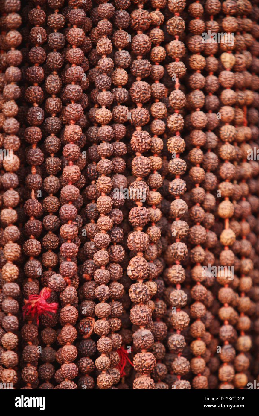 Rudraksh malas for sale at the religious market near Pashpatinath Temple in Kathmandu, Nepal. Rudraksh malas traditionally consist of 108 beads per strand.The Rudraksh malas are used for repetative prayer. The seeds are used medicinally to treat various diseases in Indian medicine. (Photo by Creative Touch Imaging Ltd./NurPhoto) Stock Photo