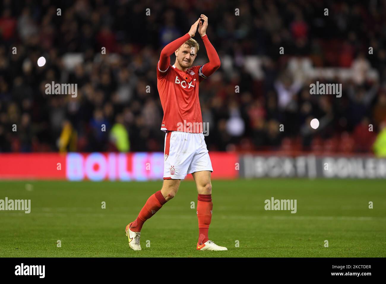 Joe Worrall of Nottingham Forest applauds the Forest supporters during the Sky Bet Championship match between Nottingham Forest and Preston North End at the City Ground, Nottingham on Saturday 6th November 2021. (Photo by Jon Hobley/MI News/NurPhoto) Stock Photo