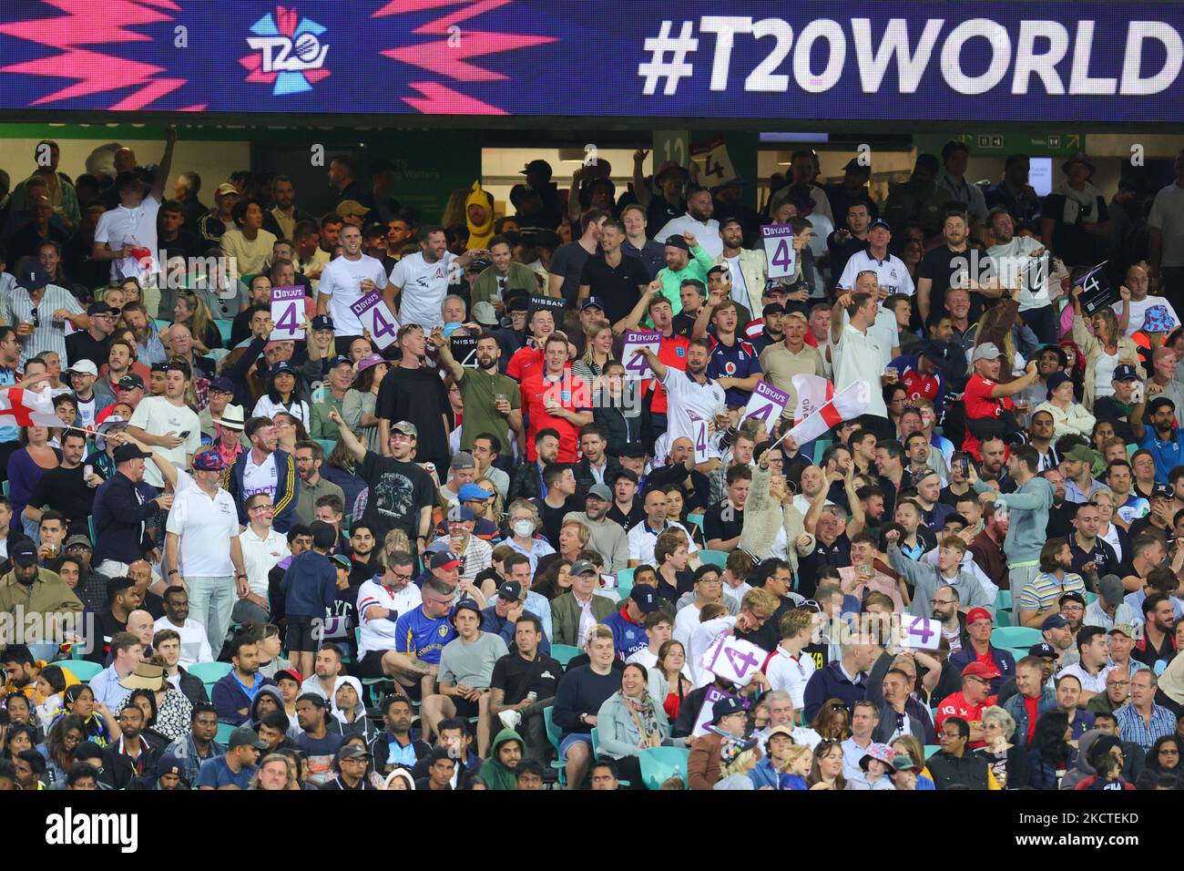Sydney, Australia. 05th Nov, 2022. England fans celebrate a six during the ICC Mens T20 World Cup 2022 match between England and Sri Lanka at Sydney Cricket Ground, Sydney, Australia on 5 November 2022. Photo by Peter Dovgan. Editorial use only, license required for commercial use. No use in betting, games or a single club/league/player publications. Credit: UK Sports Pics Ltd/Alamy Live News Stock Photo