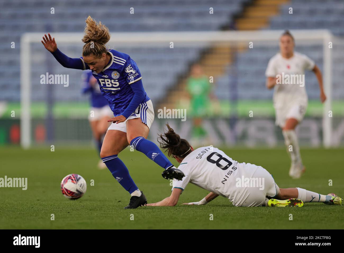 Charlie Devlin of Leicester City leaps over the challenge from Jill Scott of Manchester City during the Barclays FA Women's Super League match between Leicester City and Manchester City at the King Power Stadium, Leicester on Sunday 7th November 2021. (Photo by James Holyoak/MI News/NurPhoto) Stock Photo