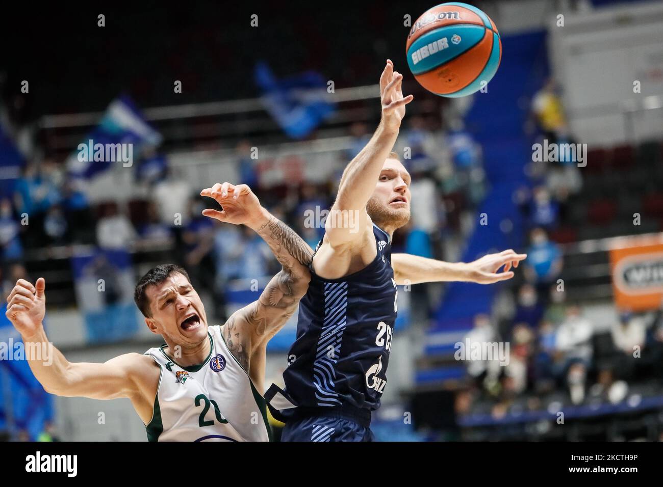 Denis Zakharov (R) of Zenit and Nemanja Nenadic of Zielona Gora vie for the ball during the VTB United League basketball match between Zenit St. Petersburg and Enea Zastal Zielona Gora on November 8, 2021 at Sibur Arena in Saint Petersburg, Russia. (Photo by Mike Kireev/NurPhoto) Stock Photo