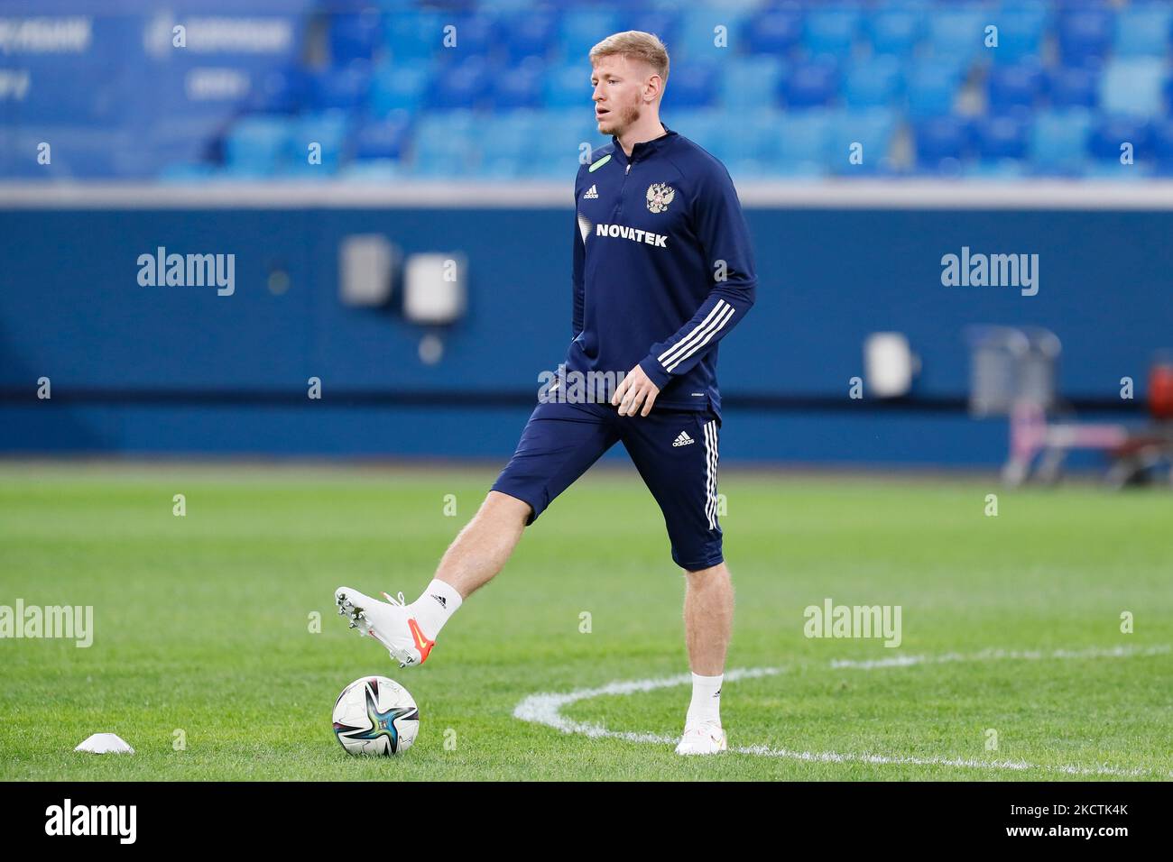 Dmitri Chistyakov of Russia during training session on the eve of the FIFA World Cup Qatar 2022 Group H european qualification football match between Russia and Cyprus on November 10, 2021 at Gazprom Arena in Saint Petersburg, Russia. (Photo by Mike Kireev/NurPhoto) Stock Photo